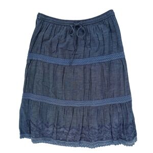 Studio West Blue Chambray Embroidered Lace Trim Tiered Skirt L Boho Cottagecore